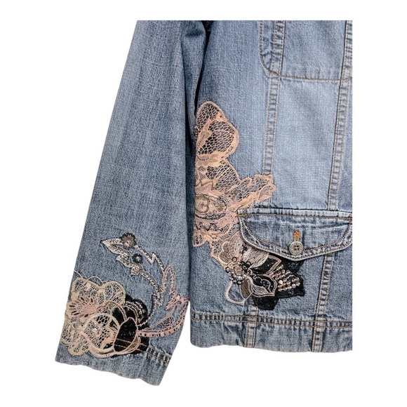 VTG Chico Designer Embroidered Lace Denim Statement Jean Jacket size 0 - Picture 4 of 12